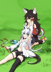 Rule 34 | 2girls, animal ear fluff, animal ears, arm up, armpits, bare shoulders, belt, black hair, black shorts, black sleeves, blue eyes, breasts, brown eyes, detached sleeves, fox ears, fox girl, fox tail, hand on another&#039;s cheek, hand on another&#039;s face, highres, holding hands, hololive, kagami yoshino, lap pillow, long hair, lying, lying on person, multicolored hair, multiple girls, navel, on back, ookami mio, open mouth, pantyhose, ponytail, shirakami fubuki, shirt, shorts, single thighhigh, sitting, sleeveless, sleeveless shirt, smile, strapless, strapless shirt, streaked hair, tail, thigh strap, thighhighs, thighs, virtual youtuber, white hair, white pantyhose, white shirt, wolf ears, wolf girl, wolf tail, yuri