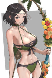 Rule 34 | 1girl, absurdres, arrow (projectile), bare arms, bare shoulders, bikini, black eyes, black hair, bow (weapon), breasts, bursting breasts, cleavage, feathers, female focus, fire emblem, fire emblem awakening, fire emblem heroes, flower, frown, gonzarez, green bikini, grey background, hair ornament, highres, hip bones, holding, holding bow (weapon), holding weapon, large breasts, looking at viewer, matching hair/eyes, midriff, navel, nintendo, noire (fire emblem), official alternate costume, ribs, short hair, sideboob, skindentation, skinny, solo, swimsuit, weapon