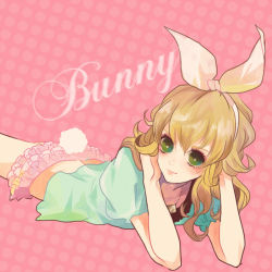 Rule 34 | 10s, 1girl, bad id, bad pixiv id, barnaby brooks jr., blonde hair, bow, rabbit tail, gender request, genderswap, green eyes, hair bow, jewelry, microskirt, necklace, pink background, poco24, polka dot, polka dot background, puffy sleeves, shirt, skirt, solo, t-shirt, tail, tiger &amp; bunny