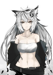 Rule 34 | 1girl, :3, absurdres, akasabi, animal ears, arknights, bandeau, bare shoulders, black jacket, breasts, commentary, grey hair, hair ornament, hairclip, highres, jacket, lappland (arknights), long hair, looking at viewer, material growth, medium breasts, midriff, navel, off shoulder, oripathy lesion (arknights), scar, scar across eye, simple background, solo, stomach, strapless, tube top, upper body, very long hair, white background, wolf ears, yellow eyes