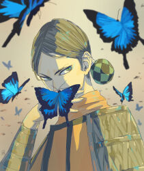 Rule 34 | 1boy, arm up, armor, black hair, blue butterfly, bug, butterfly, covered mouth, covering own mouth, green eyes, headgear, insect, keisha (kingdom), kingdom (series), looking at viewer, nona navy, plate armor, shirt, shoulder armor, too many, too many butterflies, upper body, v-shaped eyebrows, vambraces, yellow shirt