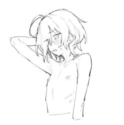 Rule 34 | ahoge, arm behind head, azuma shino, blush, collarbone, commentary request, flat chest, monochrome, nowareno (azuma shino), nude, open mouth, original, pointy ears, short hair, sketch, sweatdrop, white background