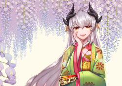 Rule 34 | 1girl, :d, fate/grand order, fate (series), flower, hair between eyes, hand fan, head rest, highres, holding, holding fan, horns, japanese clothes, kimono, kiyohime (fate), lavender (flower), long hair, looking at viewer, obi, open mouth, pink kimono, purple flower, sash, shirotsuki (pixiv22818137), silver hair, smile, solo, upper body, very long hair, yellow eyes, yukata