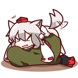 Rule 34 | &gt; &lt;, 1girl, :3, animal ears, bottomless, couch, closed eyes, fang, hat, highres, inubashiri momiji, nuu (nu-nyu), open mouth, silver hair, tail, tail wagging, tokin hat, touhou, wolf ears, wolf tail