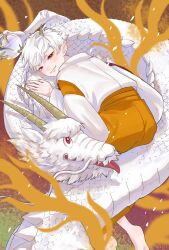 Rule 34 | 1boy, barefoot, bright pupils, chinese zodiac, closed mouth, dragon, dragon boy, dragon horns, eastern dragon, fang, fang out, fire, full body, highres, holding orb, horns, japanese clothes, kariginu, kimono, long sleeves, looking at viewer, looking back, male focus, new year, orange background, orange kimono, orb, original, pointy ears, red eyes, scales, short hair, sitting on animal, solo, tada no momo, tongue, tongue out, very short hair, white hair, white pupils, white scales, wide sleeves, year of the dragon