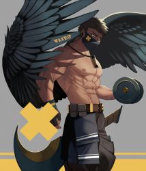 Rule 34 | 1boy, abs, bara, character request, copyright request, dumbbell, exercising, large pectorals, male focus, mask, mature male, muscular, muscular male, navel, nipples, pectorals, short hair, solo, spiked hair, suzuoni, topless male, weightlifting, wings, yellow eyes