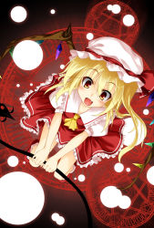 Rule 34 | 1girl, bad id, bad pixiv id, blonde hair, fang, female focus, flandre scarlet, fuyuno taka, hat, magic circle, one side up, pentagram, ponytail, red eyes, red theme, short hair, side ponytail, solo, touhou, wings