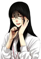 Rule 34 | 1girl, black hair, collared shirt, fingernails, glasses, grey eyes, hands up, highres, hoshi san 3, lanyard, lipstick, long hair, looking at viewer, makeup, mole, mole under eye, mole under mouth, nail polish, open mouth, original, red lips, red nails, shirt, simple background, smile, solo, upper body, white background, white shirt, wing collar, wrist cutting, yamifuka-san (hoshi san 3)