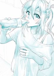 Rule 34 | 1girl, alternate costume, aqua theme, blush, bottle, bra strap, collarbone, commentary, curtains, drinking, hair between eyes, hair ribbon, highres, holding, holding bottle, jewelry, kantai collection, long hair, looking at viewer, monochrome, multiple monochrome, off shoulder, ribbon, ring, shirt, sidelocks, solo, t-shirt, tone (kancolle), twintails, wedding band, window, wooden floor, yami (m31)