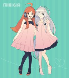 Rule 34 | 2girls, ahoge, bad id, bad pixiv id, blue eyes, braid, dress, hair over one eye, headphones, ia (vocaloid), long hair, looking at viewer, machida natsume, multiple girls, pantyhose, red eyes, red hair, sf-a2 miki, silver hair, smile, twin braids, very long hair, vocaloid
