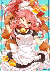 Rule 34 | 1girl, animal ears, animal hands, bad id, bad pixiv id, bell, blush stickers, breasts, collar, fang, fate/grand order, fate (series), fox ears, fox tail, hair ribbon, large breasts, long hair, looking at viewer, neck bell, nirugeruge, one eye closed, open mouth, pink hair, ribbon, solo, tail, tamamo (fate), tamamo cat (fate), tamamo cat (second ascension) (fate), tamamo no mae (fate/extra), yellow eyes