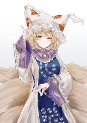 Rule 34 | 1girl, animal ears, blonde hair, blush, closed mouth, double fox shadow puppet, dress, fox ears, fox shadow puppet, fox tail, hat, highres, long sleeves, mob cap, multiple tails, one eye closed, sarasadou dan, short hair, solo, tabard, tail, touhou, white dress, white hat, wide sleeves, yakumo ran, yellow eyes
