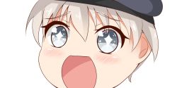 Rule 34 | + +, 10s, 1girl, blue eyes, close-up, hat, kantai collection, looking at viewer, nahaki, no nose, open mouth, portrait, sailor hat, short hair, silver hair, simple background, sin-poi, solo, sparkling eyes, symbol-shaped pupils, white background, z1 leberecht maass (kancolle)