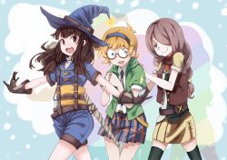 Rule 34 | 10s, 3girls, black legwear, blue eyes, blue hat, blue necktie, blush, brown hair, closed mouth, glasses, gosledging, hat, heart, heart-shaped pupils, kagari atsuko, little witch academia, long hair, looking at viewer, looking away, lotte jansson, multiple girls, necktie, open mouth, orange hair, parted lips, red eyes, semi-rimless eyewear, short hair, smile, star-shaped pupils, star (symbol), striped necktie, striped neckwear, sucy manbavaran, symbol-shaped pupils, thighhighs, witch hat