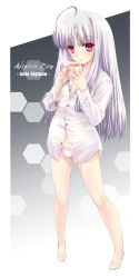 Rule 34 | 10s, 1girl, absolute duo, ahoge, bad feet, barefoot, character name, copyright name, cup, dress shirt, highres, long hair, mao (6r), mug, no pants, panties, pink panties, red eyes, shirt, sidelocks, silver hair, solo, unbuttoned, underwear, yurie sigtuna