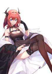 Rule 34 | 1girl, absurdres, arknights, arm strap, bare shoulders, black collar, black dress, black jacket, black thighhighs, breasts, cha kurikara, cleavage, collar, crossed legs, demon horns, detached collar, dress, feet out of frame, gloves, hair ornament, hand up, highres, horns, jacket, long hair, looking at viewer, medium breasts, open clothes, open jacket, purple eyes, red hair, simple background, single glove, sleeveless, sleeveless dress, solo, surtr (arknights), thigh strap, thighhighs, thighs, two-sided fabric, two-sided jacket, v-shaped eyebrows, white background