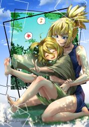Rule 34 | 2girls, bare shoulders, barefoot, blonde hair, blue dress, blue eyes, choker, commission, dr. stone, dress, grin, highres, kohaku (dr. stone), kusu (moo1225), long hair, looking at another, multiple girls, musical note, open mouth, ponytail, short hair, sitting, skeb commission, smile, spoken musical note, star (symbol), suika (dr. stone), wariza, white choker