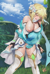 Rule 34 | 1girl, blonde hair, blue sky, blush, breasts, censored, cyclone (reizei), dress, feather hair ornament, feathers, flower, fungi (genshin impact), genshin impact, hair flower, hair ornament, highres, interspecies, large breasts, lumine (genshin impact), nipples, one breast out, open mouth, restrained, scarf, sex, sidelocks, sky, thighs, vaginal, white dress, white scarf, yellow eyes