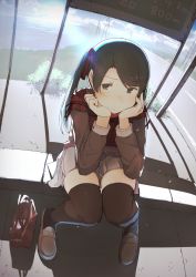 Rule 34 | 10s, 1girl, bag, black hair, black thighhighs, brown footwear, casual, contemporary, from above, fuu fuu, green eyes, hair ribbon, handbag, head rest, highres, kantai collection, loafers, mikuma (kancolle), outdoors, ribbon, shadow, shawl, shoes, sitting, skirt, solo, sunlight, thighhighs, twintails