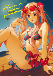 Rule 34 | 1girl, bare arms, bare legs, bare shoulders, beach, bikini, bird, blue eyes, blue sky, bow, bracelet, chromatic aberration, dated, ear piercing, earrings, eyewear on head, feet out of frame, fingernails, flower, flower bracelet, highres, jewelry, legs, long hair, looking at viewer, mahou tsukai no yoru, may riddell archelot, navel, necklace, open mouth, orange hair, outdoors, piercing, red-tinted eyewear, red bow, red flower, red nails, sand, shadow, sitting, sky, solo, stomach, sunglasses, swimsuit, thighs, tinted eyewear, twintails, water, yuni (via junk)