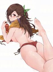 Rule 34 | 1girl, ass, back, barefoot, bikini, blue nails, blush, bra, breasts, brown eyes, brown hair, butterfly hair ornament, closed mouth, commentary request, fire emblem, fire emblem fates, from behind, hair ornament, hair over one eye, kagero (fire emblem), large breasts, long hair, looking at viewer, looking back, lotion, nail polish, nintendo, panties, red bikini, red panties, scarf, simple background, smile, solo, sunscreen, swimsuit, toenail polish, toenails, underwear, unworn bra, white background, yellow scarf, yuuri (orz commushows)