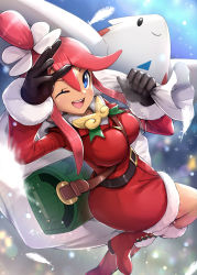 Rule 34 | 1girl, bag, black gloves, blue eyes, blush, boots, breasts, christmas, creatures (company), feathers, game freak, gen 4 pokemon, gift bag, gloves, gonzarez, hair ornament, hat, highres, holding, holding bag, large breasts, long hair, looking at viewer, nintendo, official alternate costume, one eye closed, one side up, open mouth, pokemon, pokemon (creature), pokemon masters ex, red hair, santa boots, santa costume, santa gloves, santa hat, short hair with long locks, sidelocks, skyla (holiday 2020) (pokemon), skyla (pokemon), smile, togekiss