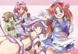 Rule 34 | 4girls, abs, alternate costume, ass, blue eyes, blush, blush stickers, bow, braid, brown hair, child, clenched hand, colored skin, enmaided, eyebrows, fairy maid (touhou), gloves, gradient background, green skin, hand on own hip, hobgoblin (touhou), hong meiling, horns, if they mated, izayoi sakuya, jewelry, letterboxed, light purple hair, looking at viewer, maid, maid headdress, multiple girls, open mouth, original, outside border, outstretched arm, personification, pink eyes, pink hair, red hair, ring, skirt, smile, sorcerer&#039;s sutra scroll, striped, striped background, touhou, twin braids, wedding band, white gloves, yellow eyes, yohane
