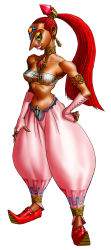 Rule 34 | 1girl, absurdres, breasts, dark-skinned female, dark skin, hand on own hip, highres, jewelry, large breasts, long hair, lots of jewelry, makeup, nabooru, nintendo, official art, ponytail, puffy pants, red hair, solo, strapless, the legend of zelda, the legend of zelda: ocarina of time, tube top, very long hair, white background, yellow eyes