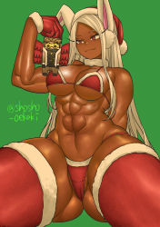 Rule 34 | 1girl, abs, artist name, boku no hero academia, breasts, christmas, cleavage, doll, green background, highres, large breasts, long hair, looking at object, mirko, muscular, muscular female, rabbit ears, rabbit girl, rabbit tail, red eyes, shosho oekaki, smile, solo, thick thighs, thighs, white hair