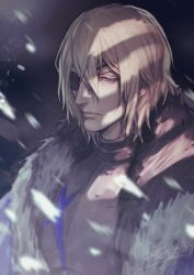 Rule 34 | 1boy, armor, blonde hair, closed mouth, commentary request, dimitri alexandre blaiddyd, eyepatch, fire emblem, fire emblem: three houses, fur, grey eyes, jiao mao, male focus, nintendo, plate armor, short hair, simple background, solo, upper body