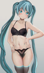 Rule 34 | 1girl, aruman, bad id, bad pixiv id, blue eyes, blue hair, blush, female pubic hair, green background, grey background, hands on own hips, hatsune miku, highres, long hair, looking at viewer, nail polish, pubic hair, pussy, simple background, smile, solo, thighhighs, twintails, underwear, underwear only, vocaloid