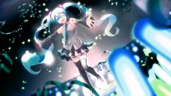 Rule 34 | 1girl, ;d, bare shoulders, black footwear, black skirt, black sleeves, blue eyes, blue hair, blurry, blurry foreground, boots, collared shirt, commentary request, depth of field, detached sleeves, dutch angle, glowstick, green necktie, grey shirt, hair between eyes, hatsune miku, highres, ittokyu, long hair, long sleeves, looking at viewer, necktie, one eye closed, open mouth, penlight (glowstick), pleated skirt, shirt, skirt, sleeveless, sleeveless shirt, sleeves past wrists, smile, solo, thigh boots, tie clip, twintails, v-shaped eyebrows, very long hair, vocaloid