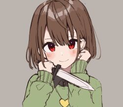 1other blush bob_cut brown_background brown_hair chara_(undertale) closed_mouth collared_shirt commentary_request dagger green_sweater hair_between_eyes hands_on_own_cheeks hands_on_own_face hands_up heart heart_necklace highres holding holding_dagger holding_knife holding_weapon jewelry knife long_sleeves looking_at_viewer nano_mochi necklace other_focus portrait puffy_long_sleeves puffy_sleeves red_eyes shirt short_hair simple_background sleeves_past_wrists smile solo sweater undertale weapon