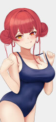 Rule 34 | 1girl, :q, absurdres, blue one-piece swimsuit, blush, breasts, cleavage, collarbone, covered navel, double bun, grey background, hair bun, heterochromia, highres, hololive, houshou marine, large breasts, likuo, medium breasts, one-piece swimsuit, red eyes, red hair, school swimsuit, solo, strap pull, swimsuit, tongue, tongue out, virtual youtuber, yellow eyes