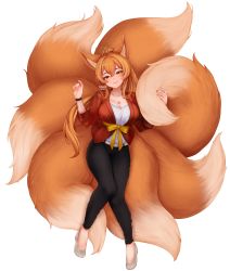 Rule 34 | 1girl, absurdres, animal ears, black pants, breasts, brown eyes, brown hair, cleavage, closed mouth, commentary, commission, dated, english commentary, fox ears, fox tail, grey footwear, hair between eyes, hair ornament, hair stick, hands up, head tilt, highres, jacket, large breasts, looking at viewer, multiple tails, original, pants, ponytail, red jacket, sash, shoes, signature, smile, solo, tail, temachii, wristband, yellow sash