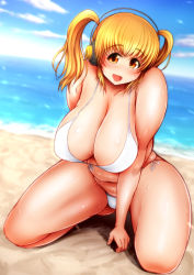 Rule 34 | 1girl, beach, bikini, blonde hair, blush, breasts, cleavage, cloud, day, headphones, huge breasts, looking at viewer, navel, nitroplus, open mouth, outdoors, plump, ponponmaru, short hair, sky, smile, solo, super pochaco, sweat, swimsuit, thick arms, twintails, white bikini