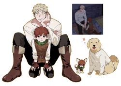 Rule 34 | 2boys, animal, animalization, armor, ashuiashui119, black pants, blonde hair, boots, brown eyes, brown footwear, brown gloves, brown hair, chilchuck tims, closed eyes, closed mouth, clothed animal, dog, dungeon meshi, fingerless gloves, gloves, highres, laios touden, leather armor, long sleeves, looking at viewer, male focus, multiple boys, multiple views, pants, reference inset, shirt, simple background, sitting, tongue, white background, yellow eyes