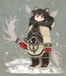 Rule 34 | 10s, 1girl, alternate costume, animal ears, antlers, beyu, black eyes, black hair, boots, closed mouth, coat, extra ears, full body, fur trim, gloves, grass, grey hair, highres, holding, holding weapon, hood, hood down, hooded coat, horns, japari symbol, kemono friends, long hair, long sleeves, looking at viewer, moose (kemono friends), moose ears, multicolored hair, red gloves, smile, snow, snowing, solo, standing, traditional clothes, two-tone hair, weapon, winter clothes, winter coat