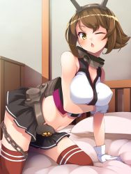 Rule 34 | 1girl, arm support, bare shoulders, black skirt, blush, breasts, brown hair, chain, covered erect nipples, flipped hair, gloves, green eyes, headgear, indoors, kantai collection, kneeling, large breasts, looking at viewer, metal belt, miniskirt, mofu namako, mutsu (kancolle), navel, on bed, one eye closed, open mouth, pillow, pleated skirt, red thighhighs, rigging, skirt, smokestack, solo, striped clothes, striped skirt, striped thighhighs, thighhighs, white gloves