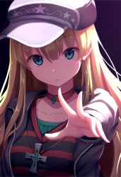 Rule 34 | 1girl, black jacket, blonde hair, blue eyes, choker, collarbone, commentary request, flat cap, grey hat, hair between eyes, hat, head tilt, jacket, long hair, long sleeves, nicoby, open clothes, open jacket, original, outstretched arm, parted lips, red choker, shirt, solo, star (symbol), striped clothes, striped shirt, very long hair