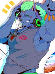 Rule 34 | 1boy, animal ear request, bara, blue fur, character request, crow (siranui), furry, furry male, green eyes, green hair, grey tank top, headphones, highres, large pectorals, male focus, medium hair, muscular, muscular male, pectoral cleavage, pectorals, pointing, pointing up, sidepec, solo, tank top, tokyo houkago summoners, upper body