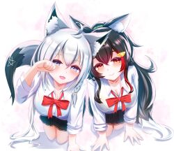 Rule 34 | 2girls, ahoge, animal ear fluff, animal ears, black hair, black skirt, blush, bow, bowtie, braid, breasts, cleavage, commentary request, earrings, fox ears, fox girl, fox tail, green eyes, hair between eyes, hair ornament, hairclip, highres, hololive, jewelry, kneeling, large breasts, long hair, long sleeves, looking at viewer, multicolored hair, multiple girls, ookami mio, open mouth, paw pose, pentagram, red bow, red bowtie, red hair, shatiku 72, shirakami fubuki, shirt, sidelocks, simple background, single braid, skirt, smile, streaked hair, tail, virtual youtuber, white background, white hair, white shirt, wolf ears, wolf girl, yellow eyes
