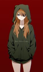 Rule 34 | 1girl, alternate costume, bare legs, blue eyes, brown hair, character name, closed mouth, collarbone, commentary request, cowboy shot, evangelion: 3.0+1.0 thrice upon a time, expressionless, eyepatch, frown, green jacket, hands in pockets, highres, hood, hood up, hoodie, io (sinking=carousel), jacket, long hair, long sleeves, looking at viewer, neon genesis evangelion, orange hair, rebuild of evangelion, red background, simple background, solo, souryuu asuka langley, standing