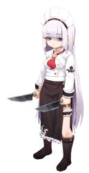 Rule 34 | 1girl, absurdres, aged down, black footwear, black shorts, black skirt, blue eyes, blunt bangs, boots, breasts, bridal garter, closed mouth, commentary, dual wielding, frilled skirt, frills, full body, gradient hair, greentree, grey hair, highres, holding, holding knife, knee boots, knife, last origin, long hair, long sleeves, looking at viewer, looking to the side, maid headdress, multicolored hair, necktie, red necktie, shirt, shorts, side slit, simple background, skirt, sleeve cuffs, small breasts, solo, sowan (last origin), standing, tachi-e, very long hair, white background, white hair, white headwear, white shirt