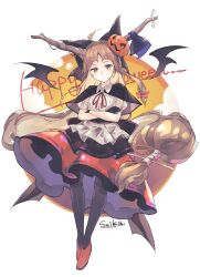 Rule 34 | 1girl, black bow, black capelet, black gloves, black pantyhose, black skirt, blue ribbon, bow, capelet, crossed arms, gloves, hair bow, halloween, halloween costume, happy halloween, highres, horn ornament, horn ribbon, horns, ibuki suika, long hair, o (crazyoton46), oni horns, orange eyes, orange hair, pantyhose, red footwear, ribbon, shirt, shoes, short sleeves, simple background, skirt, solo, touhou, white background, white shirt