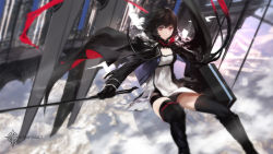 Rule 34 | 1girl, bad id, bad pixiv id, black hair, cape, copyright name, gloves, long hair, long sleeves, looking at viewer, original, paradise, pixiv fantasia, pixiv fantasia t, red eyes, solo, swd3e2, sword, thighhighs, weapon