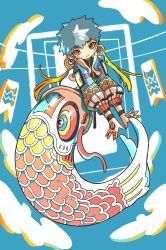 Rule 34 | 1boy, black shirt, black wristband, blue background, blue hair, blue jacket, closed mouth, cropped jacket, earrings, full body, highres, hood, hooded jacket, jacket, jewelry, koinobori, long sleeves, looking at viewer, male focus, multicolored eyes, multicolored hair, multiple rings, orange eyes, original, puffy long sleeves, puffy sleeves, ring, scales, shima (wansyon144), shirt, short hair, smile, solo, streaked hair, turtleneck, white hair, windsock, wristband, yellow eyes, zipper