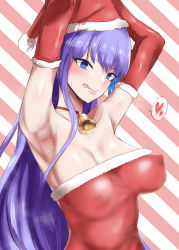 Rule 34 | 1girl, absurdres, areolae, armpits, arms up, bare shoulders, bell, blue eyes, blush, breasts, cleavage, collarbone, commentary request, detached sleeves, dress, erect nipples, eyebrows visible through hair, eyelashes, fate/grand order, fate (series), fur trim, hat, highres, large areolae, large breasts, licking lips, looking at viewer, megao 3rd, meltryllis (fate), neck bell, puffy nipples, purple hair, red dress, sagging breasts, santa costume, santa hat, see-through, shadow, shiny, shiny hair, shiny skin, skin tight, smile, solo, speech bubble, steaming body, strapless, strapless dress, striped, striped background, sweat, sweatdrop, tongue, tongue out, upper body