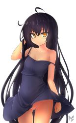 Rule 34 | 10s, 1girl, black dress, black hair, cleft of venus, collarbone, covered navel, dress, flat chest, hand in own hair, highres, long hair, looking at viewer, master nemesis, no panties, petite, pussy, signature, simple background, solo, strap slip, tilt-shift (azalanz), to love-ru, to love-ru darkness, uncensored, upskirt, very long hair, white background, wind, wind lift, yellow eyes