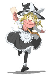 Rule 34 | 1girl, apron, bag, black footwear, black hat, black pantyhose, black skirt, black vest, blonde hair, bloomers, bow, braid, breath, commentary request, frilled apron, frills, fur trim, gloves, hair bow, hand up, hat, hat bow, highres, holding, inuno rakugaki, kirisame marisa, long hair, long sleeves, looking at viewer, open mouth, pantyhose, petticoat, pink gloves, pink scarf, pom pom (clothes), running, running towards viewer, satchel, scarf, shadow, shirt, shoes, simple background, single braid, skirt, skirt set, smile, solo, touhou, underwear, vest, waist apron, white apron, white background, white bloomers, white bow, white shirt, witch hat, yellow eyes